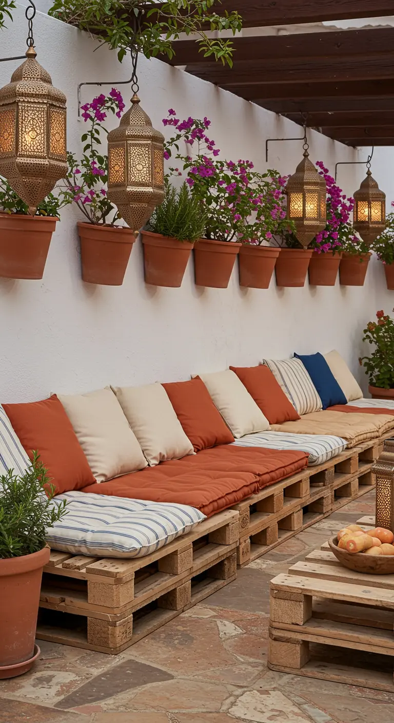 Longue banquette en palettes sur terrasse méditerranéenne avec bougainvilliers et lanternes.