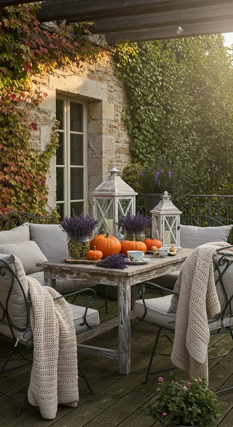 Patio en pierre avec table rustique, chaises, plaids, lavande en pots, citrouilles et lanternes blanches.
