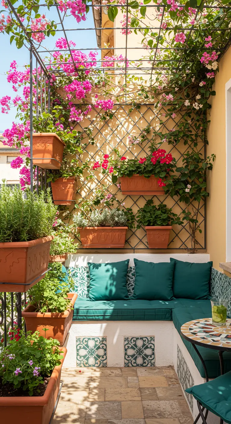 Balcon fleuri avec treillis, bougainvilliers, jardinières en terre cuite et banquette carrelée.