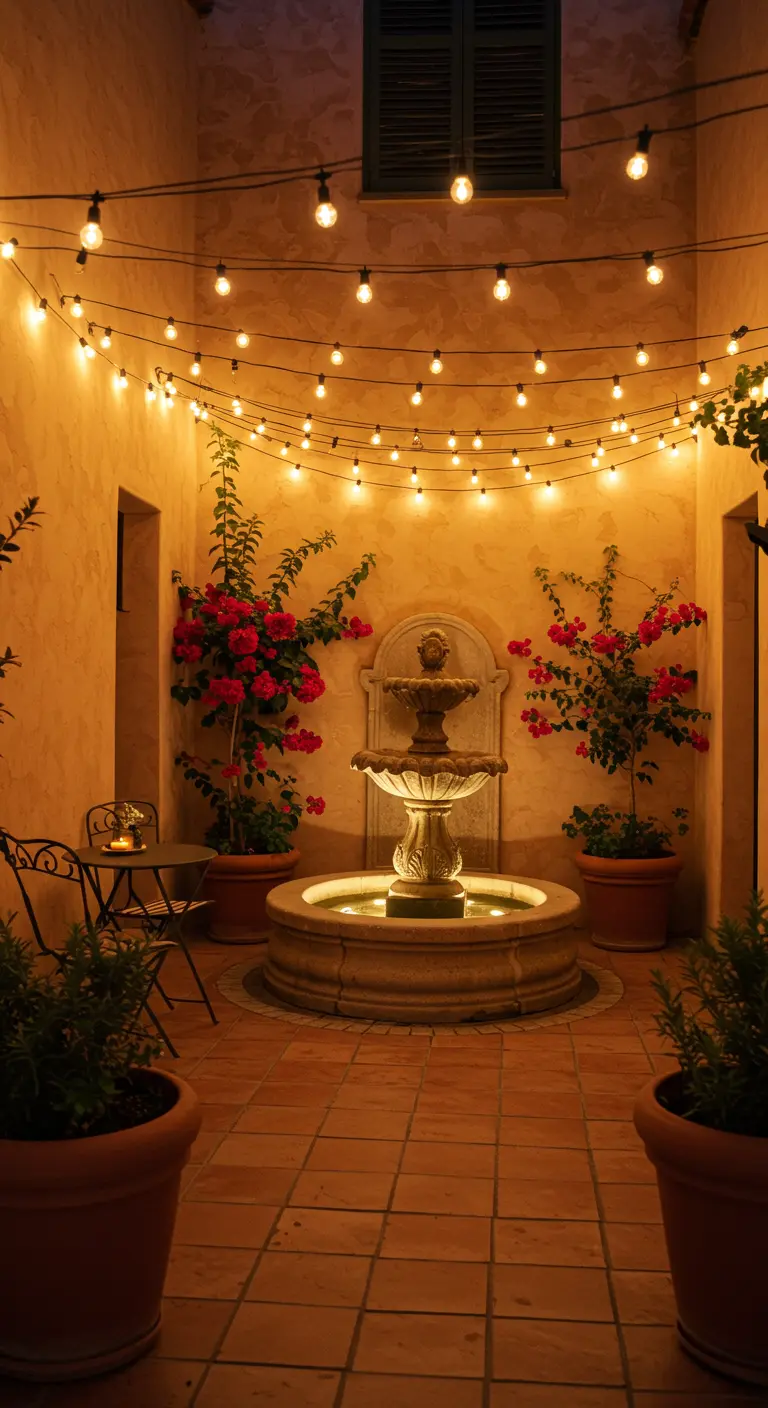 Cour méditerranéenne avec fontaine, guirlandes lumineuses, et plantes grimpantes rouges.