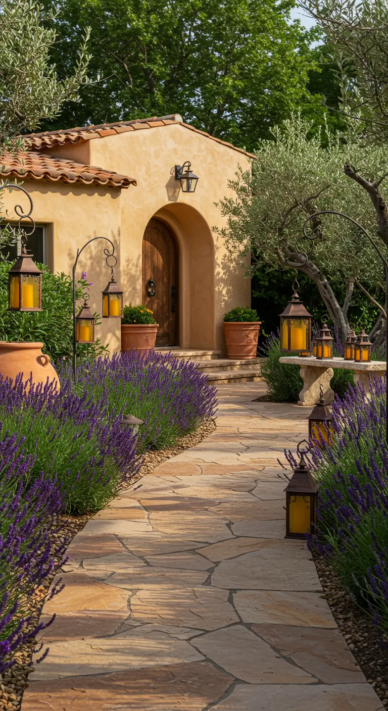 Chemin méditerranéen bordé de lavande, avec des lanternes suspendues à des crochets en fer forgé.