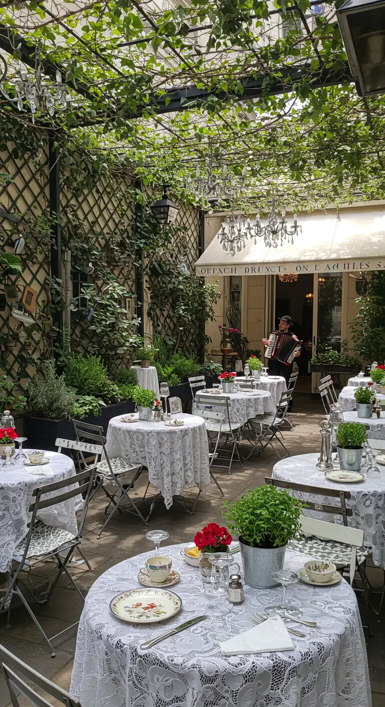 Café extérieur parisien avec tables rondes en dentelle, chaises en fer, végétation et petits lustres.