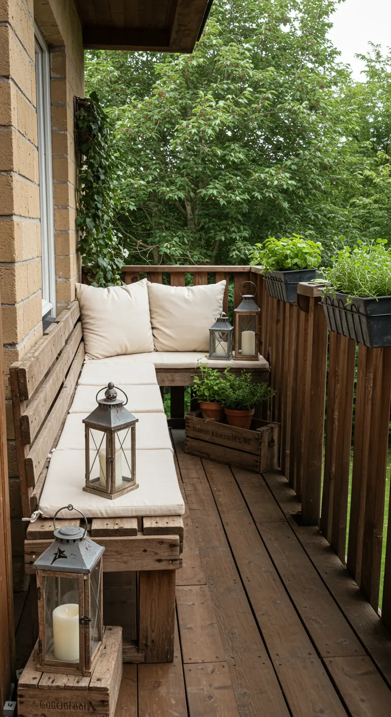 Balcon rustique avec banquette en bois, coussins clairs et lanternes vintage sur caisses en bois.