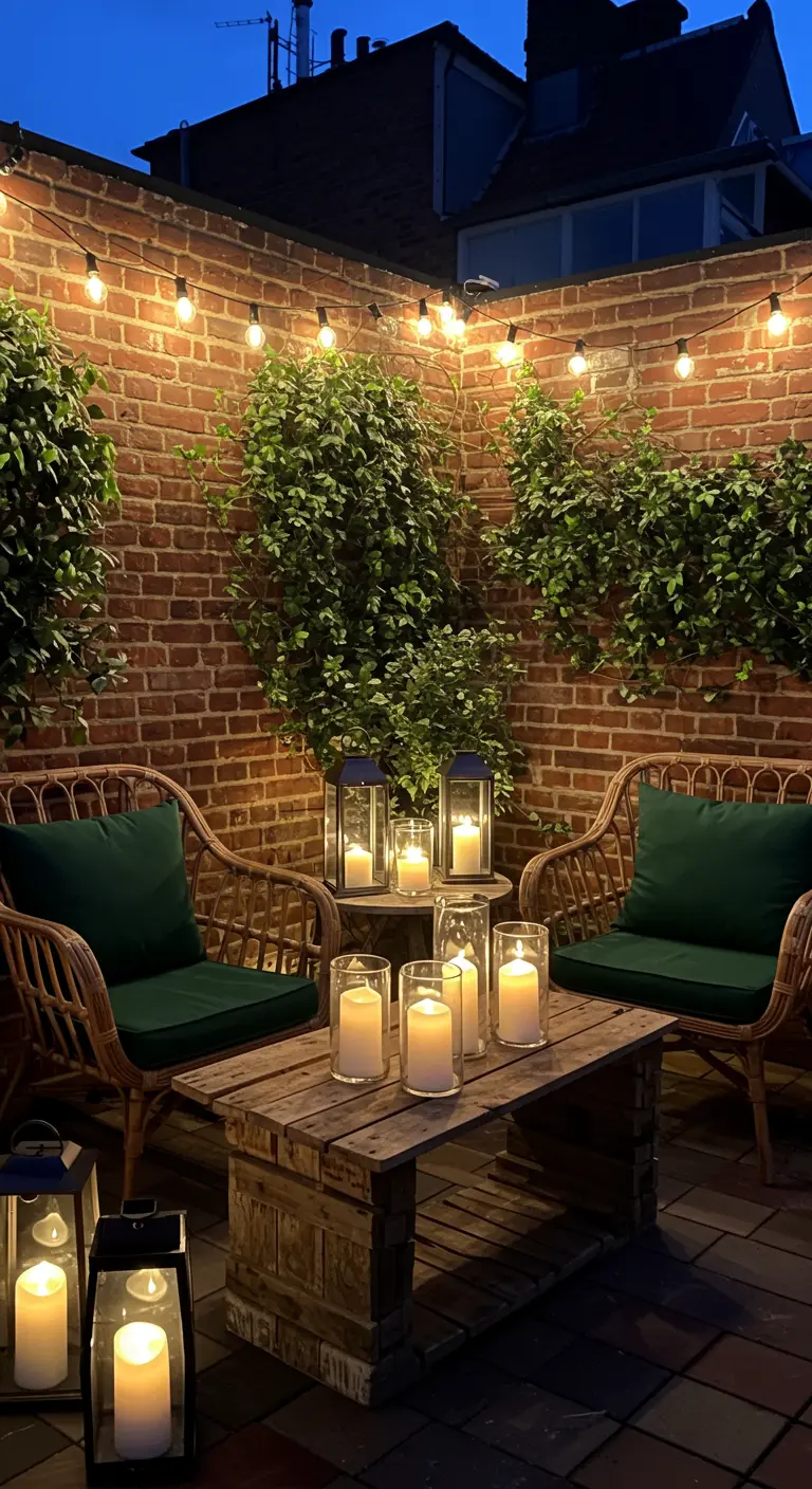 Terrasse intime avec murs de briques, lierre grimpant, guirlandes lumineuses, et multiples lanternes.