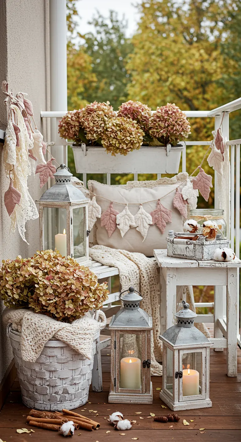Balcon esprit cottage avec hortensias séchés, lanternes patinées, plaid et banc en bois blanc vieilli.