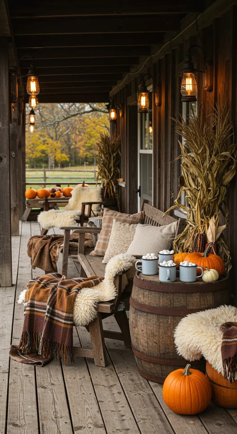Porche en bois avec décorations d'automne, citrouilles et guirlandes lumineuses.