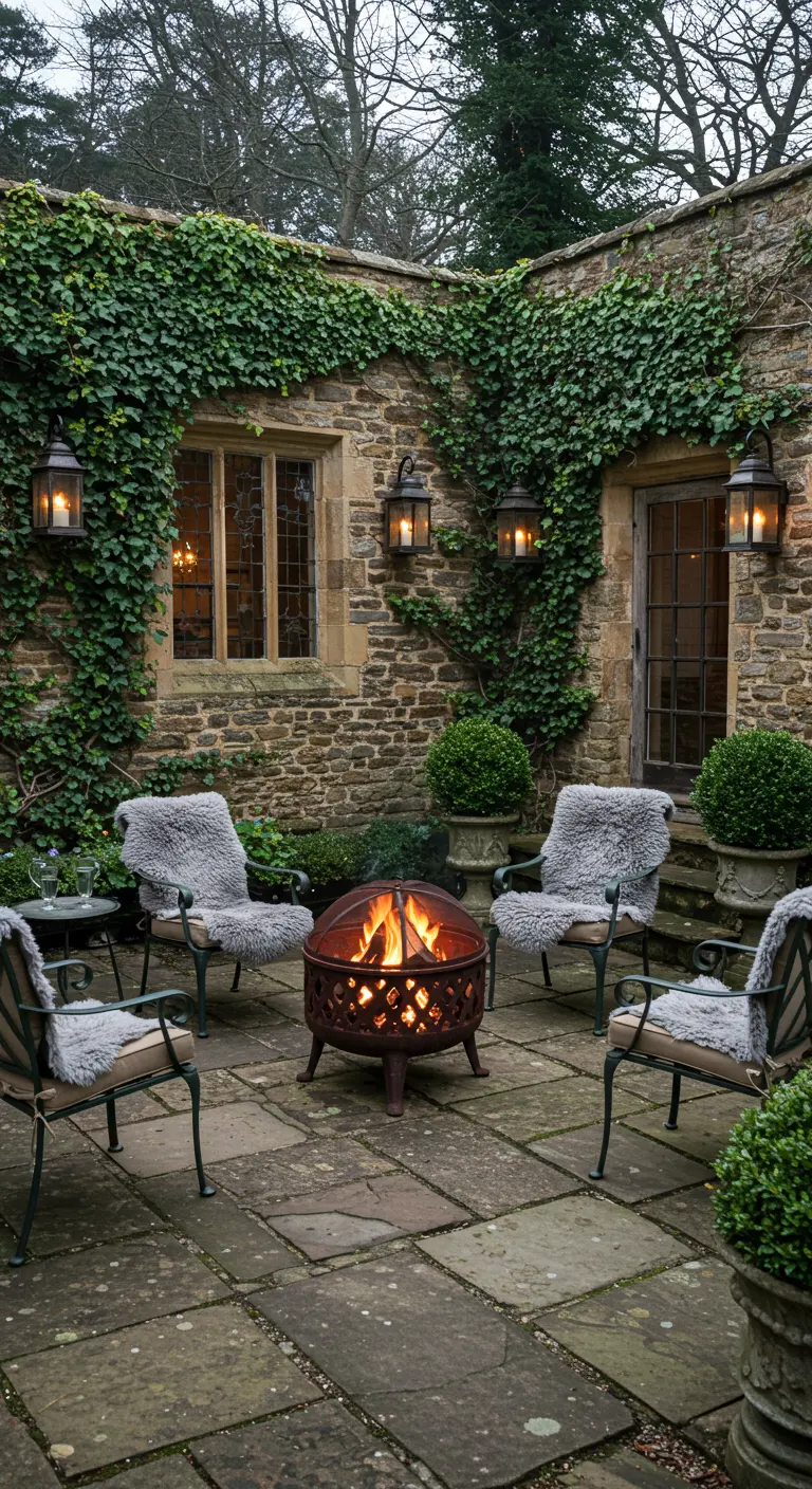 Cour pavée avec brasero en métal, chaises en fausse fourrure, lierre et plantes en pots, lanternes murales.