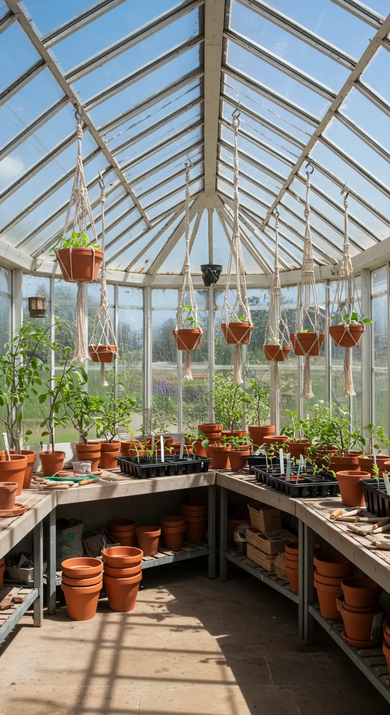 Véranda lumineuse avec de nombreux pots en terre cuite suspendus et posés, remplis de jeunes plants.
