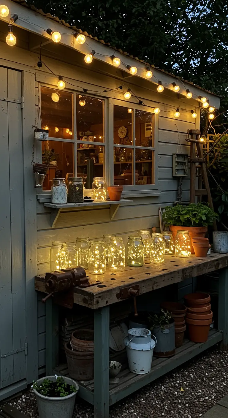 Cabane de jardin rustique avec un établi, éclairée par des guirlandes lumineuses et des bocaux lumineux sur l'établi.