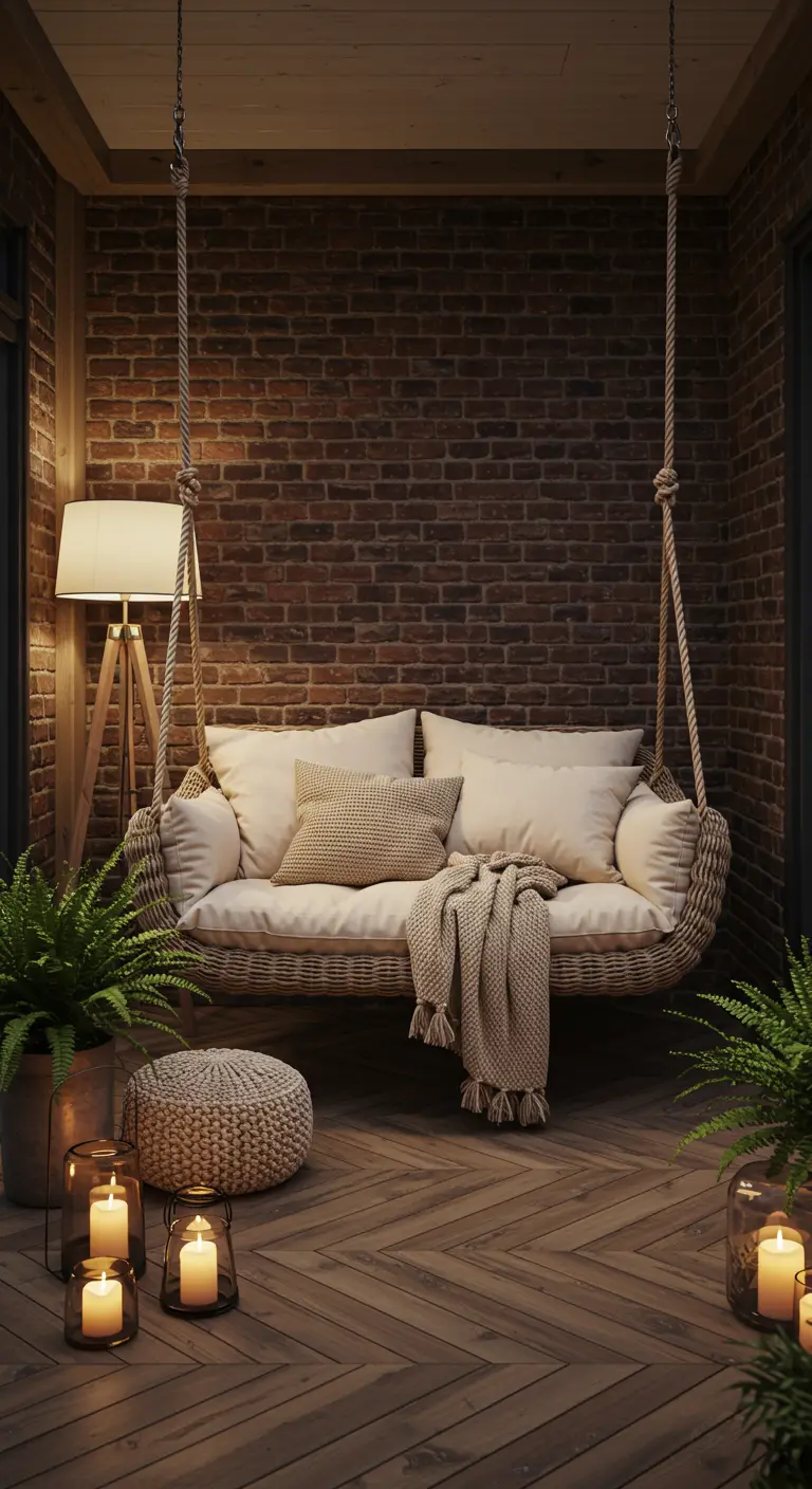 Un banc suspendu en rotin tressé avec coussins et plaid, éclairé par des lanternes et une lampe sur pied, devant un mur de briques.