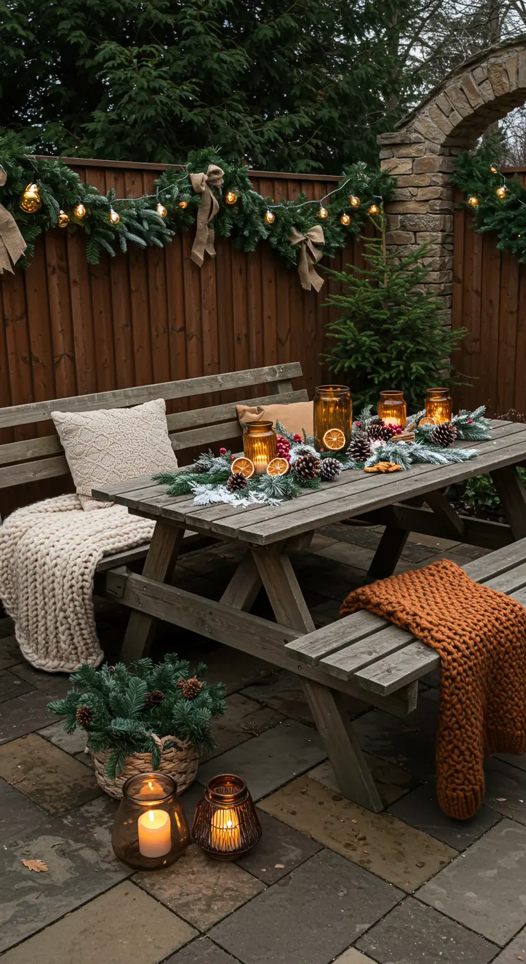 Table de pique-nique en bois décorée de guirlandes, oranges séchées, plaids et lanternes au sol.