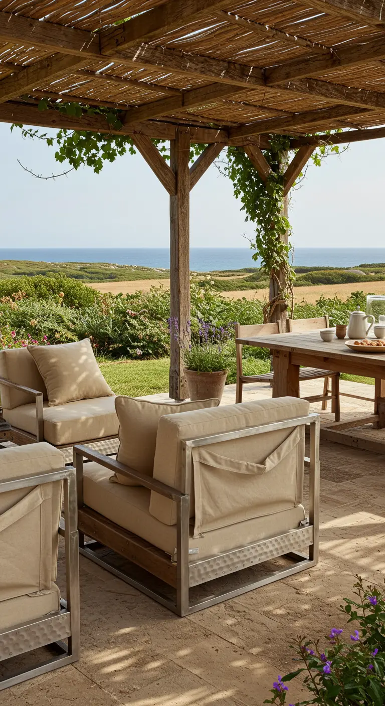Salon d'extérieur en métal et toile beige sous une pergola en bois, vue sur la mer lointaine.