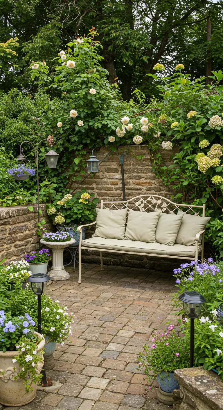 Jardin romantique avec banc en fer forgé, rosiers grimpants, fleurs variées et lanternes solaires.
