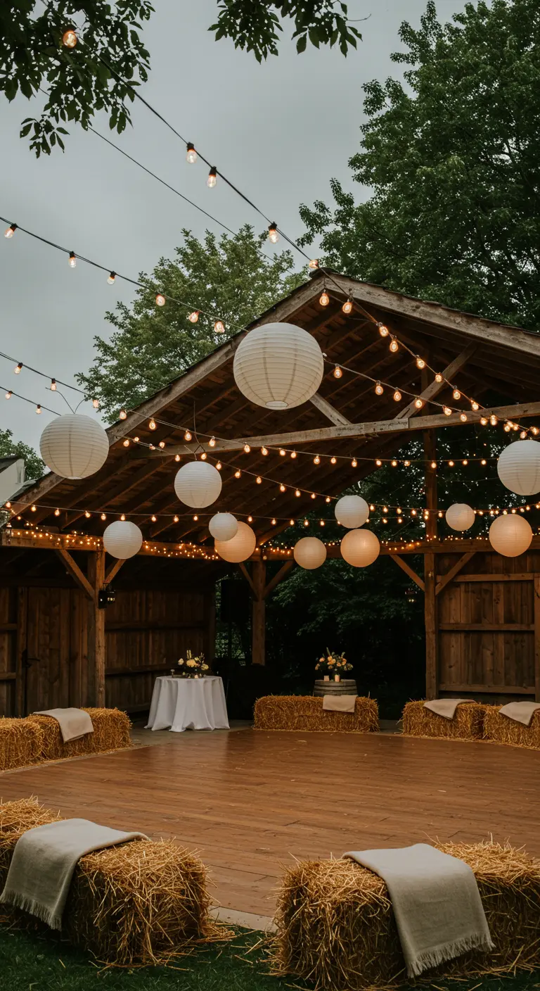 Réception rustique sous une grange en bois, avec guirlandes lumineuses, lampions et bottes de foin.