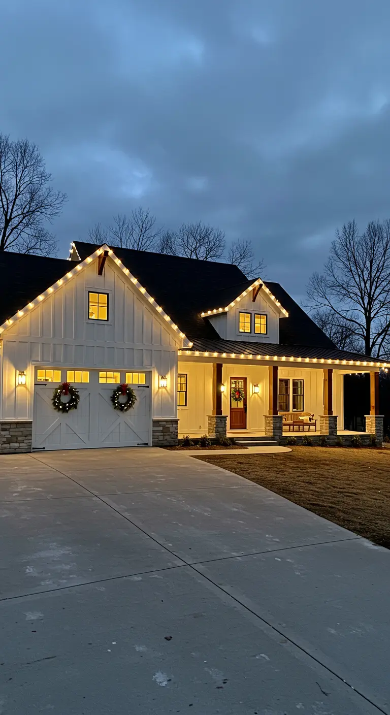 Maison de style ferme moderne avec des guirlandes lumineuses le long du toit, du porche et des couronnes sur les garages.