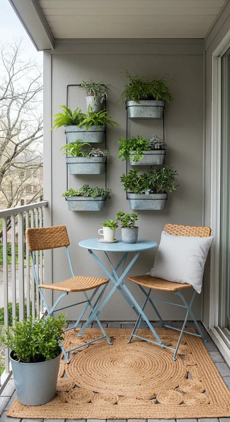 Balcon minimaliste avec mobilier bleu clair, tapis en jute, jardinières murales en métal galvanisé.