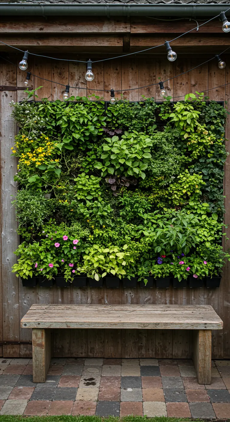 Mur végétal fleuri sur palissade en bois, guirlandes lumineuses et banc rustique.
