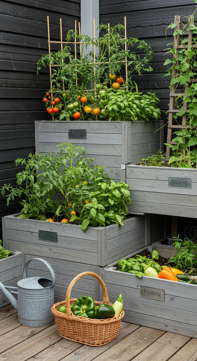 Bacs potagers en bois grisés avec tomates, poivrons et herbes, avec arrosoir.