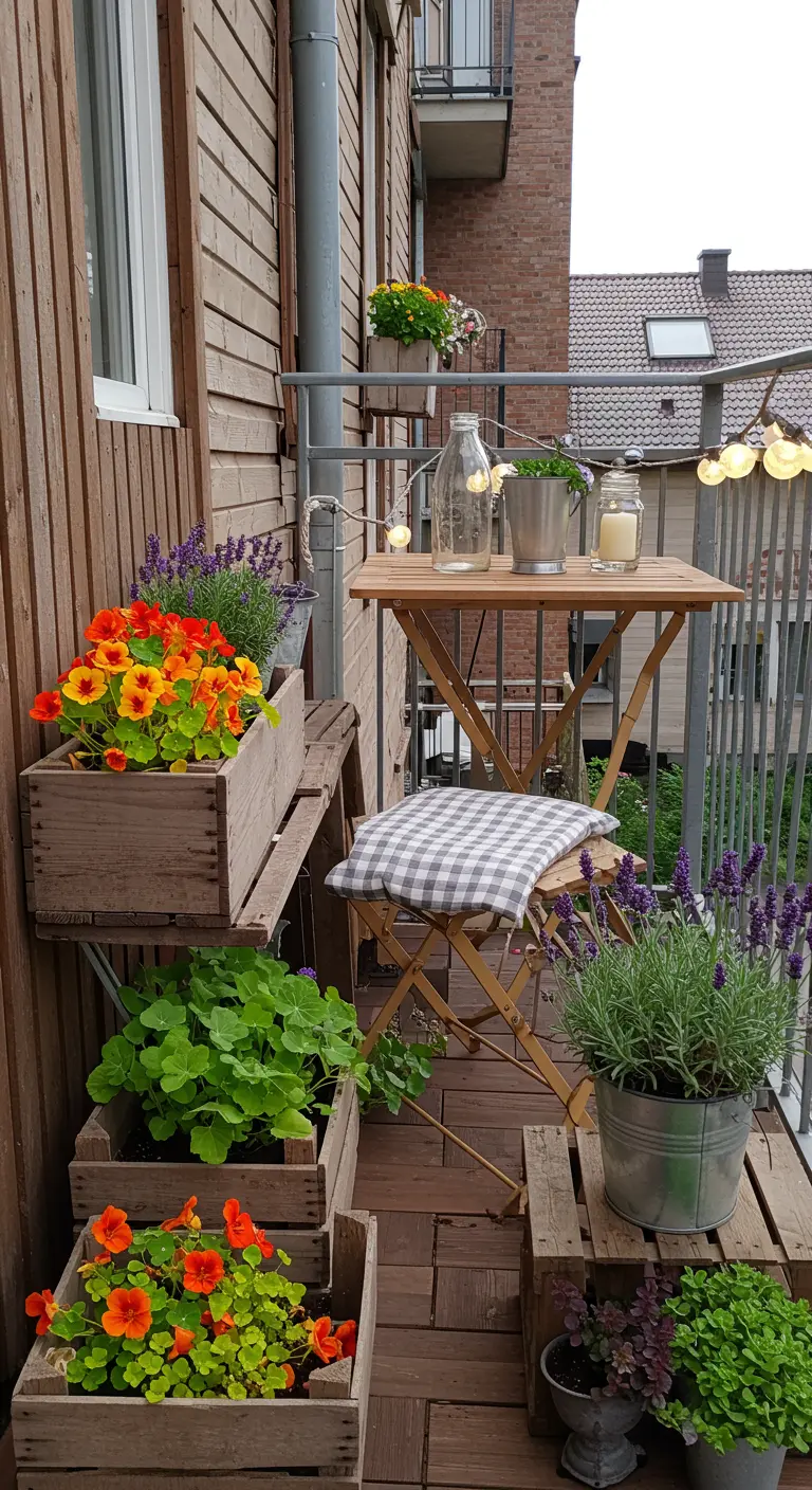 Balcon rustique avec caisses en bois transformées en jardinières, lavande, table pliante et guirlandes.