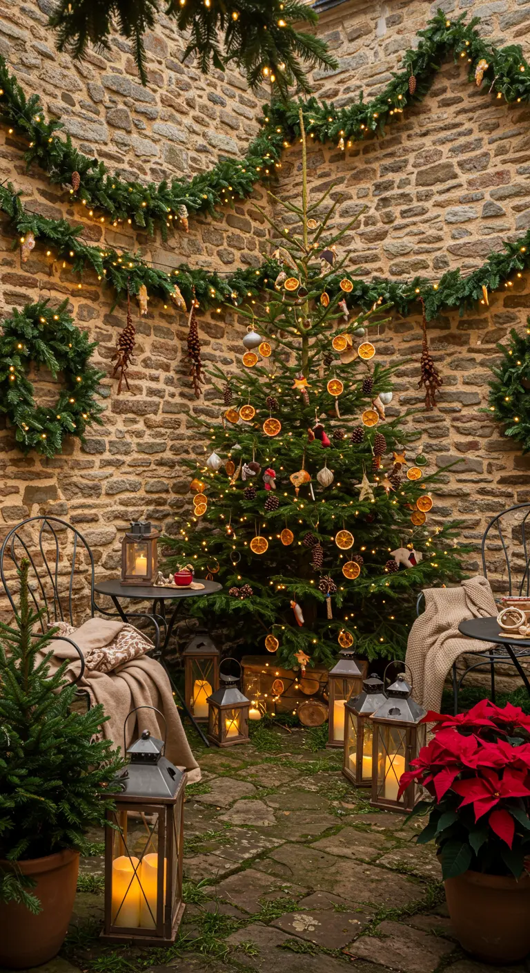 Cour rustique en pierre décorée d'un sapin naturel, d'oranges séchées, de lanternes et d'une poinsettia.