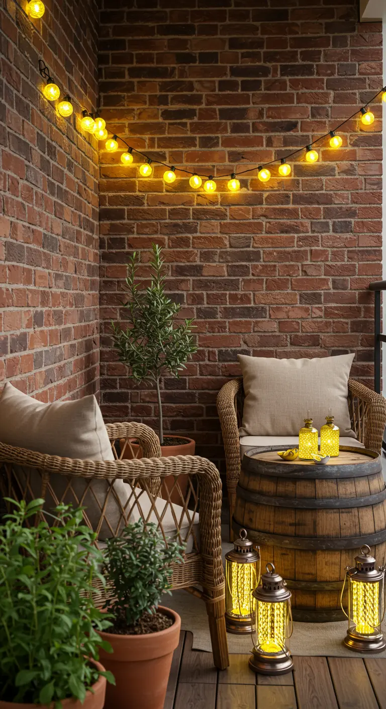 Balcon rustique avec chaises en rotin, table en tonneau, guirlande lumineuse et herbes.