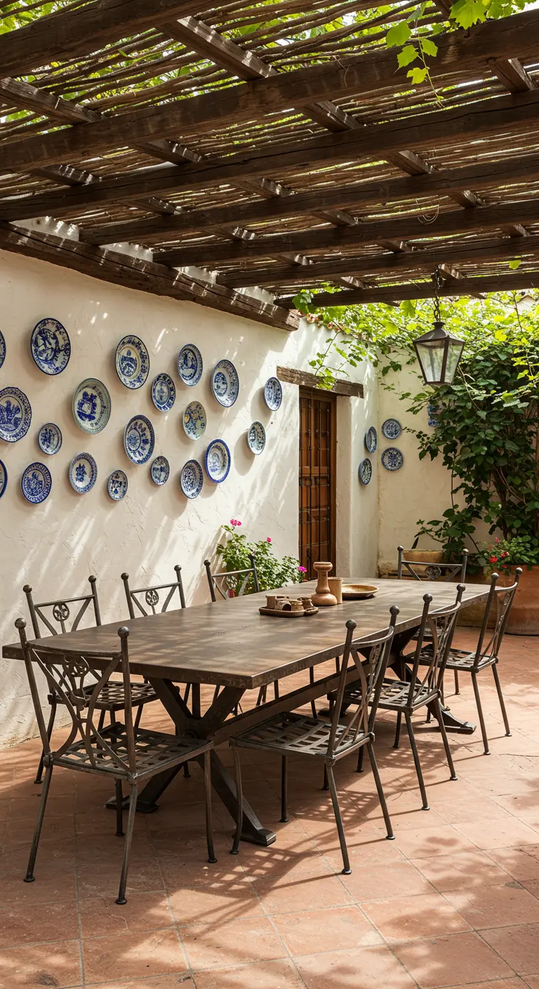 Patio rustique avec grande table en bois et métal, chaises, pergola et assiettes murales décoratives.