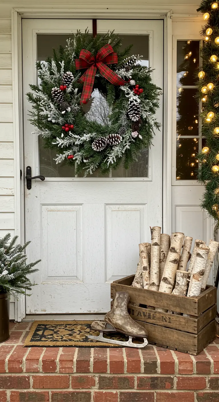 Couronne givrée sur porte blanche, bûches de bouleau dans caisse en bois et patins à glace.