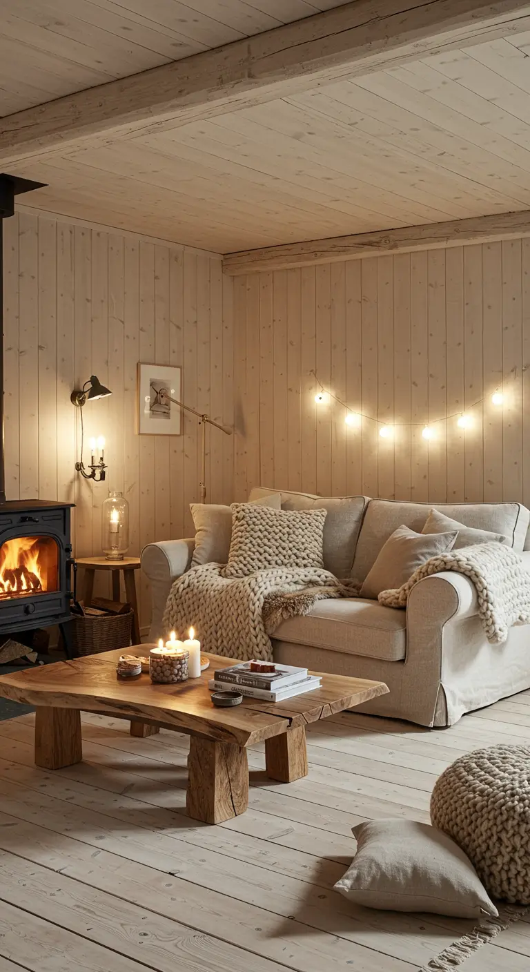 Salon scandinave rustique avec poêle à bois, canapé beige, plaids crème, table basse bois brut et guirlandes lumineuses.