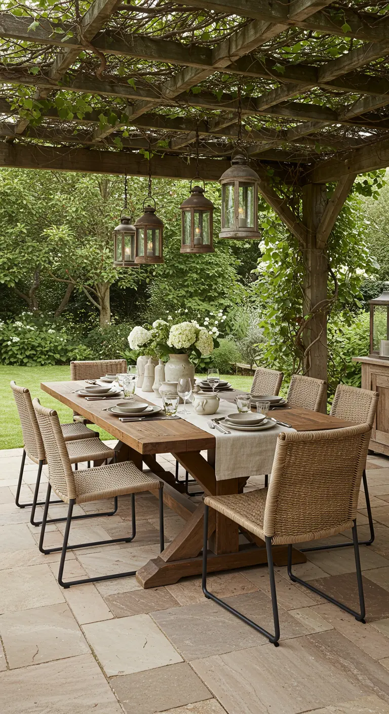 Longue table en bois massif, chaises en rotin tressé, lanternes suspendues sous une pergola végétale.