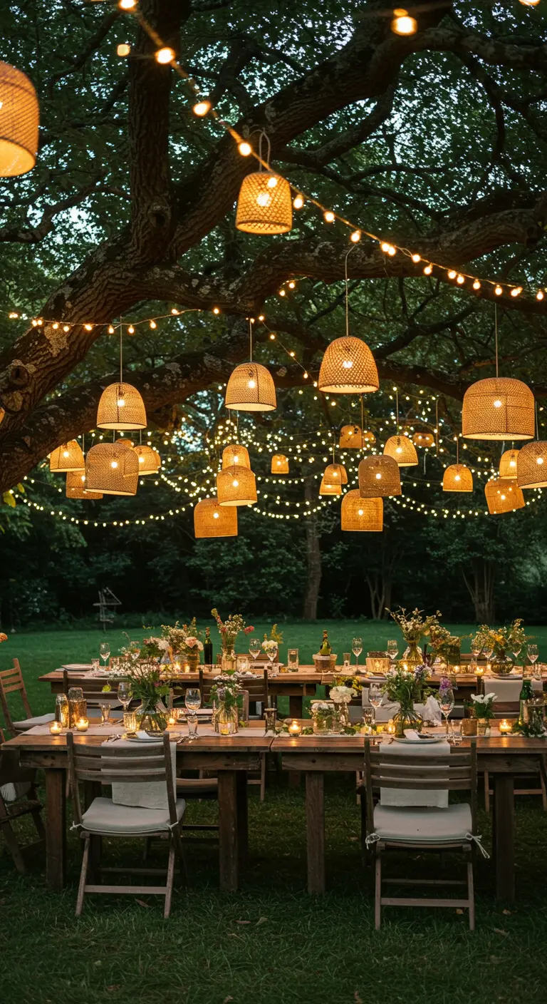 Dîner extérieur sous un arbre avec suspensions en rotin et guirlandes lumineuses.