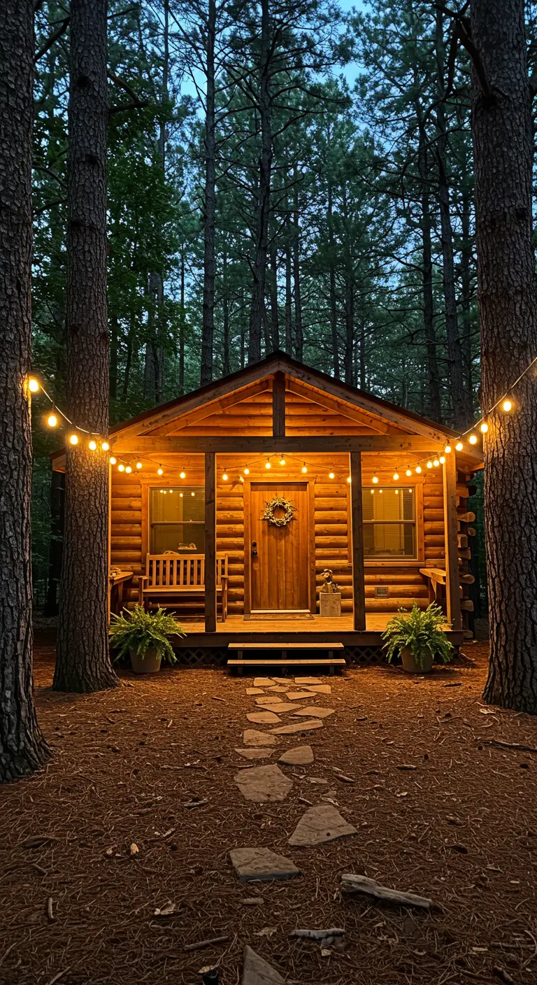 Cabane en bois dans les bois avec des guirlandes lumineuses suspendues entre les arbres, chemin éclairé.