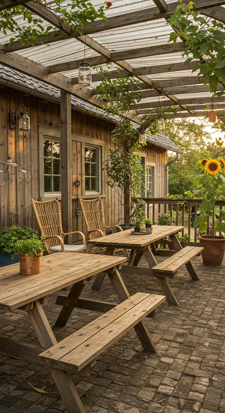 Patio rustique avec tables de pique-nique en bois, pergola et bocaux lumineux suspendus.