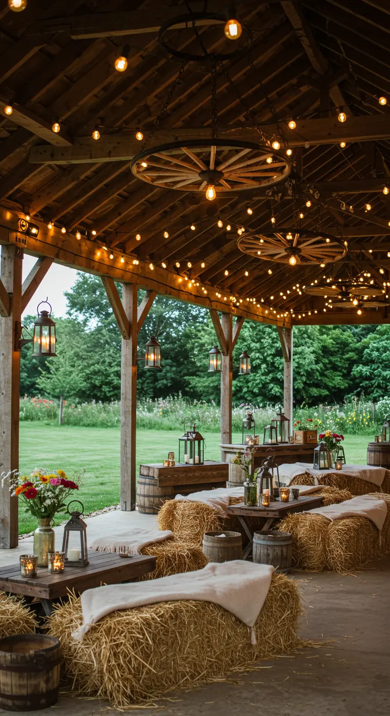Fête rustique sous une grange en bois avec guirlandes lumineuses, bottes de foin et lanternes.