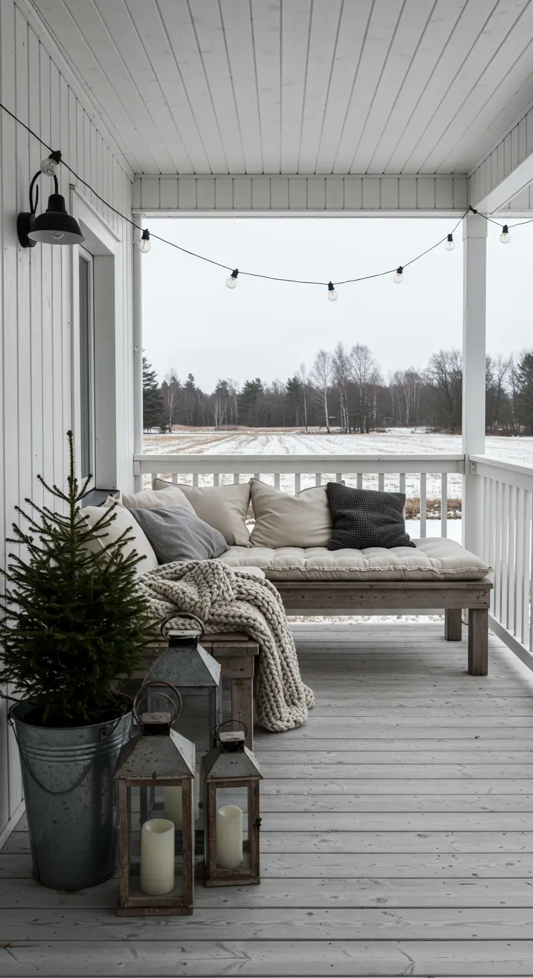 Véranda blanche avec banquette en bois, plaids scandinaves, sapin en pot et lanternes.