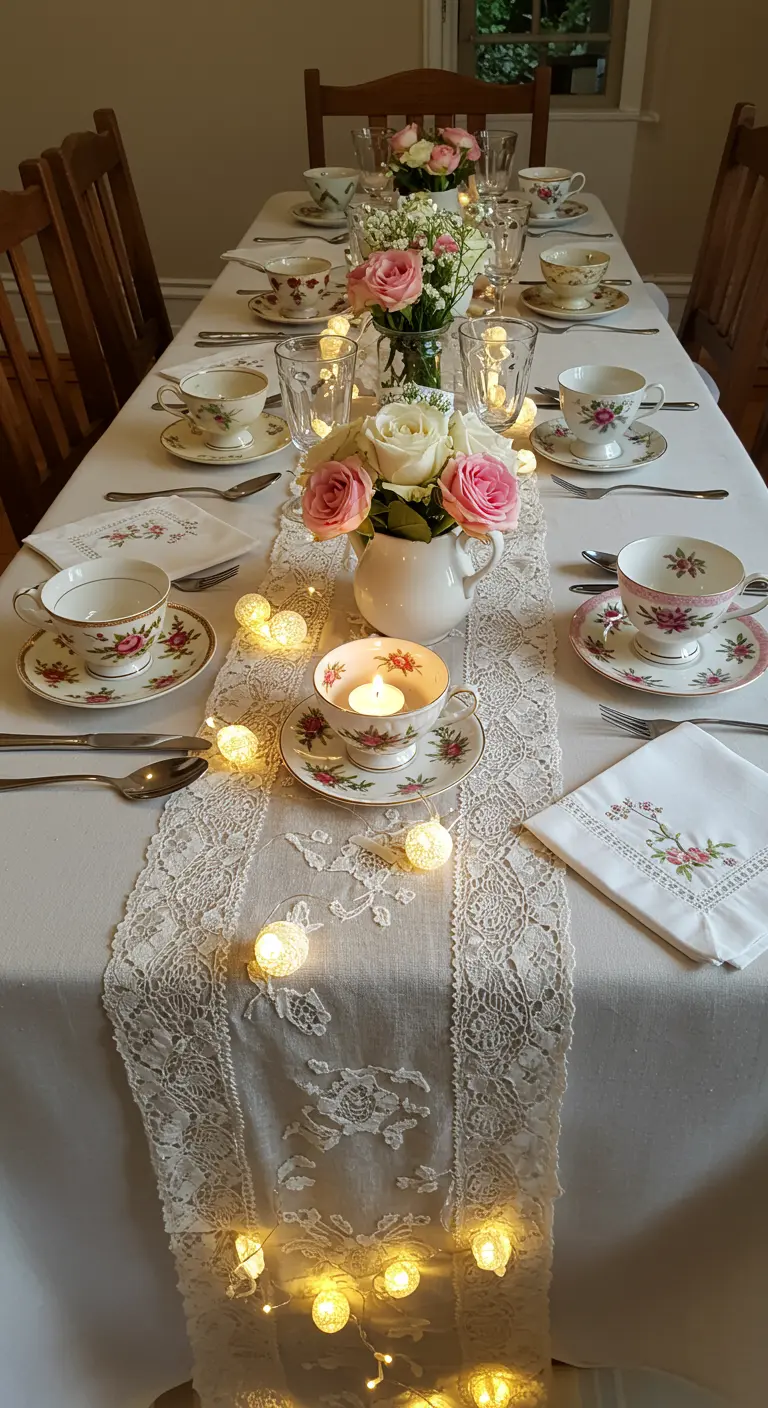 Table vintage avec service à thé, nappe en dentelle, bouquets de roses et guirlande lumineuse.