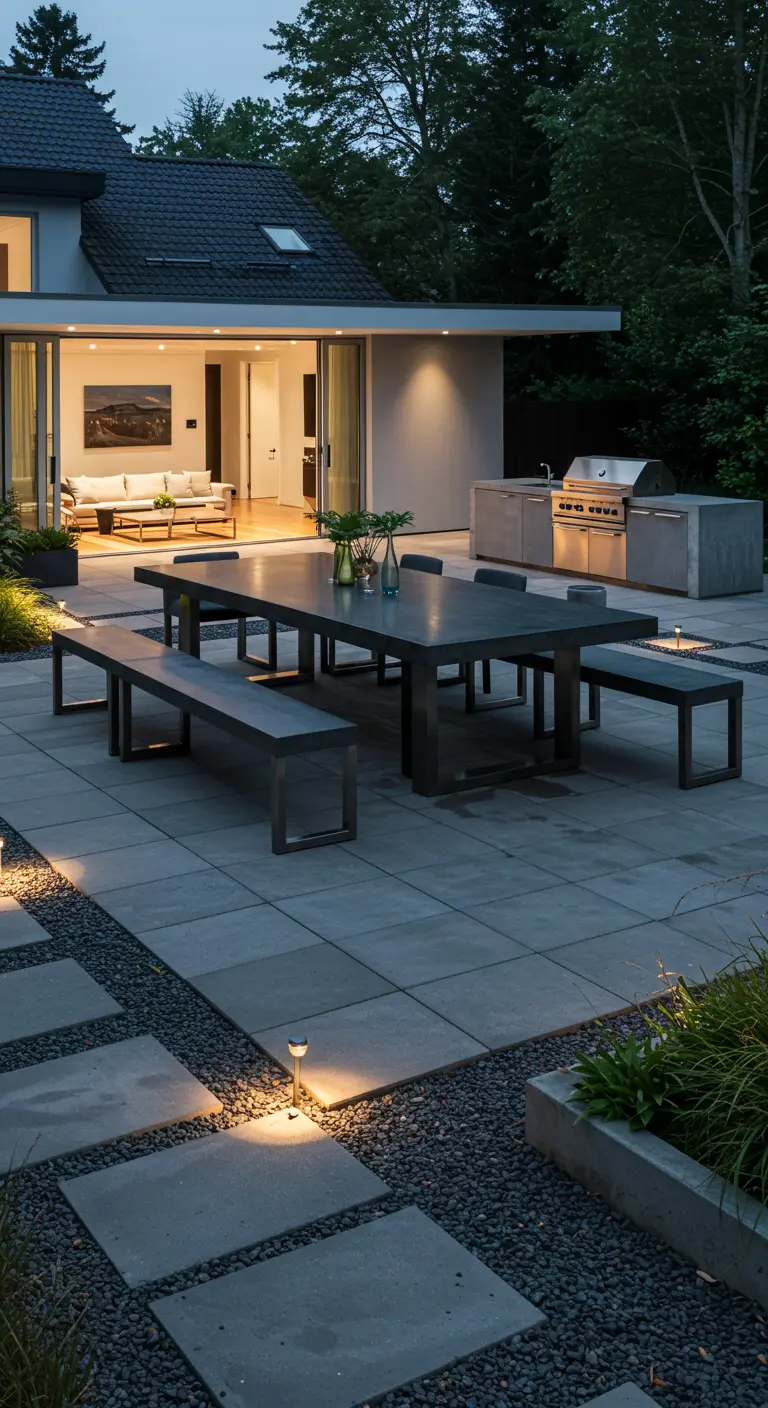 Longue table en béton foncé avec bancs et cuisine extérieure sur un patio gris.