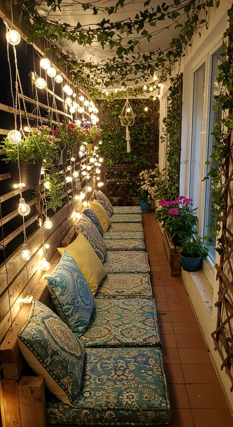 Balcon étroit avec coussins orientaux, mur de guirlandes lumineuses et plantes grimpantes.