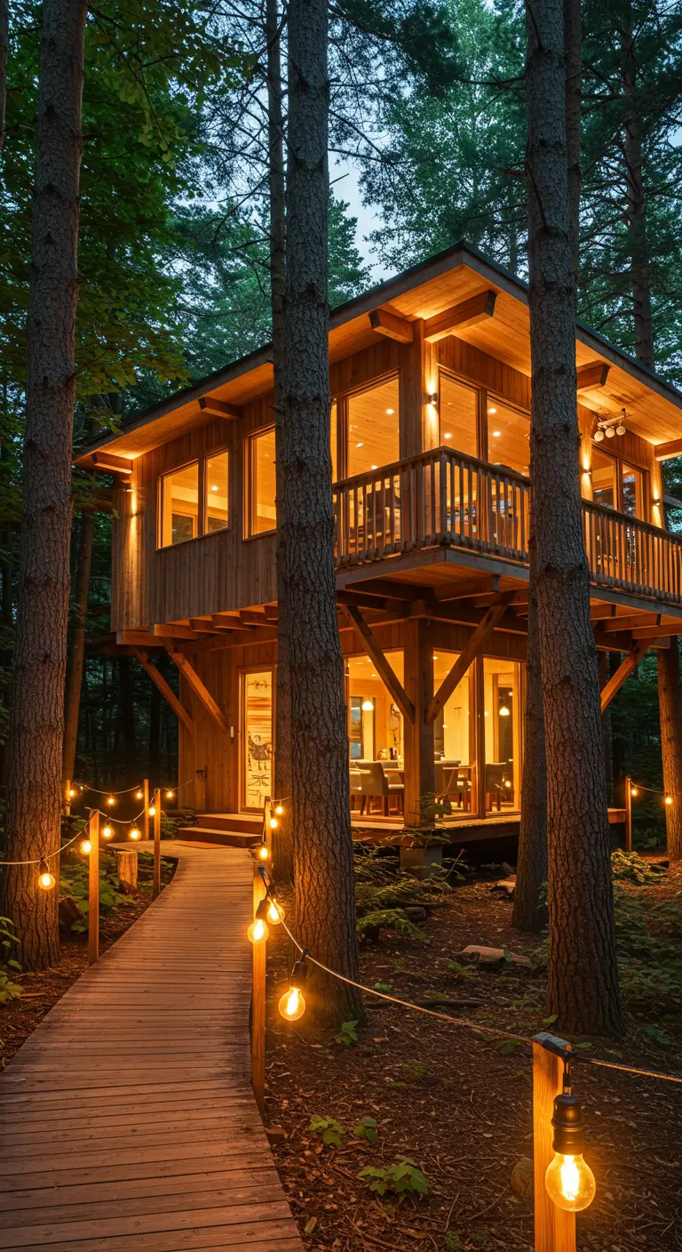 Cabane dans les arbres et chemin en bois illuminés par des guirlandes lumineuses.
