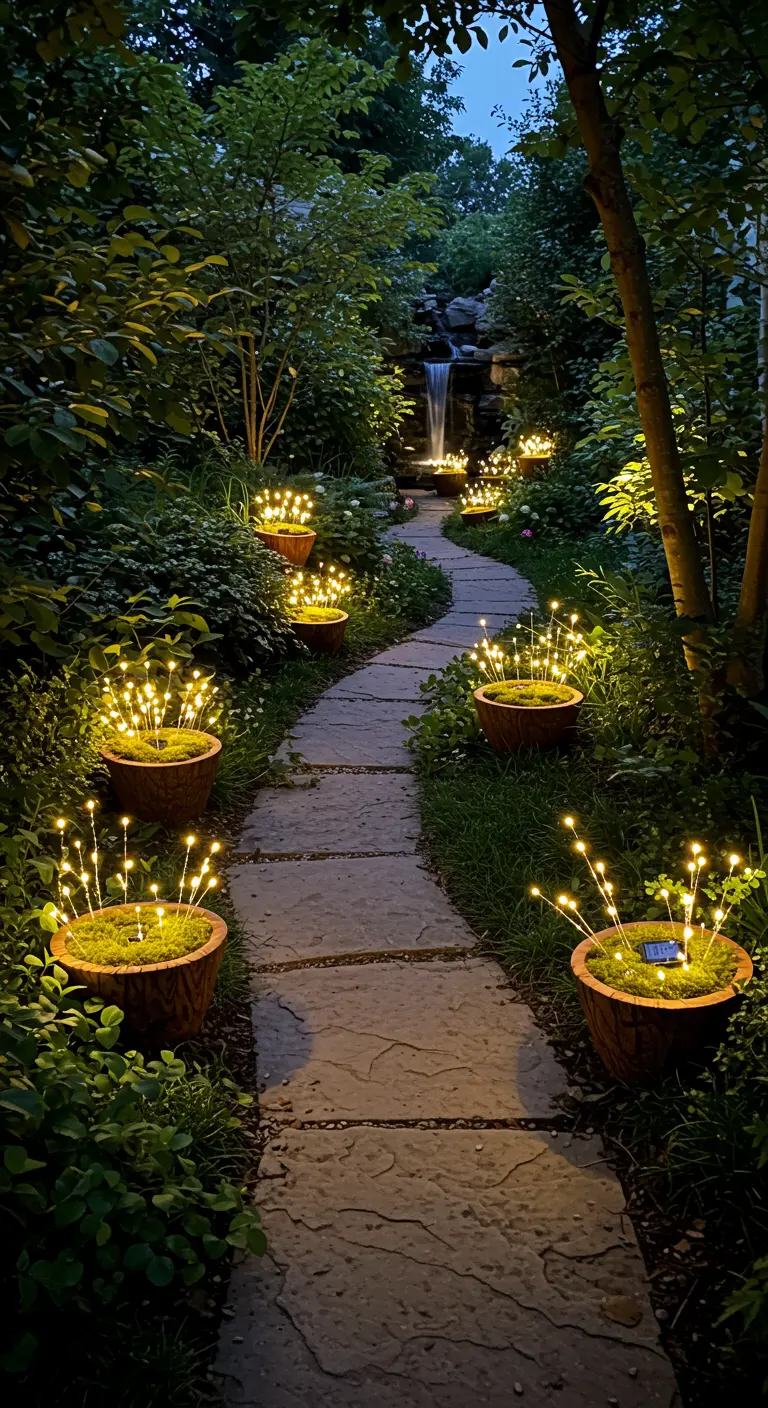 Chemin de jardin sinueux menant à une cascade, bordé de pots en bois avec des boules lumineuses solaires.