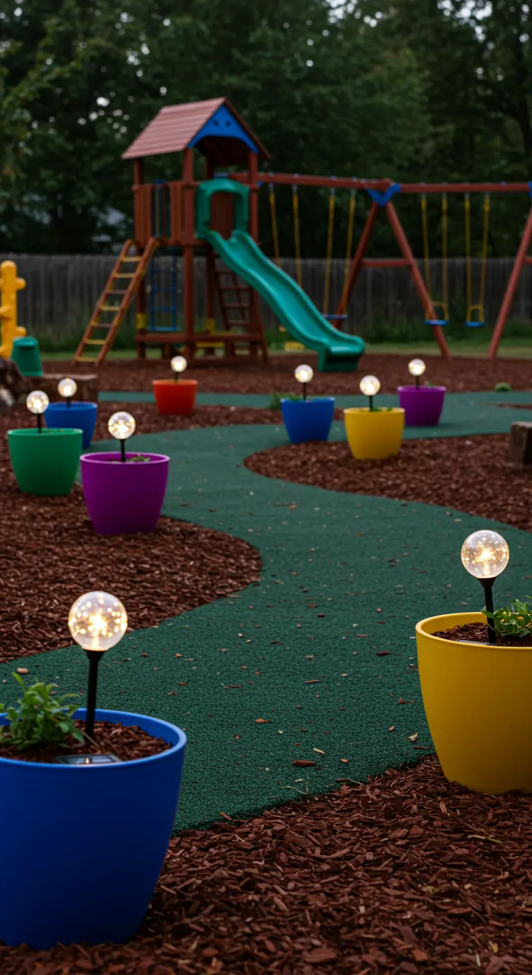 Chemin d'aire de jeux éclairé par des pots colorés contenant des balises solaires rondes.