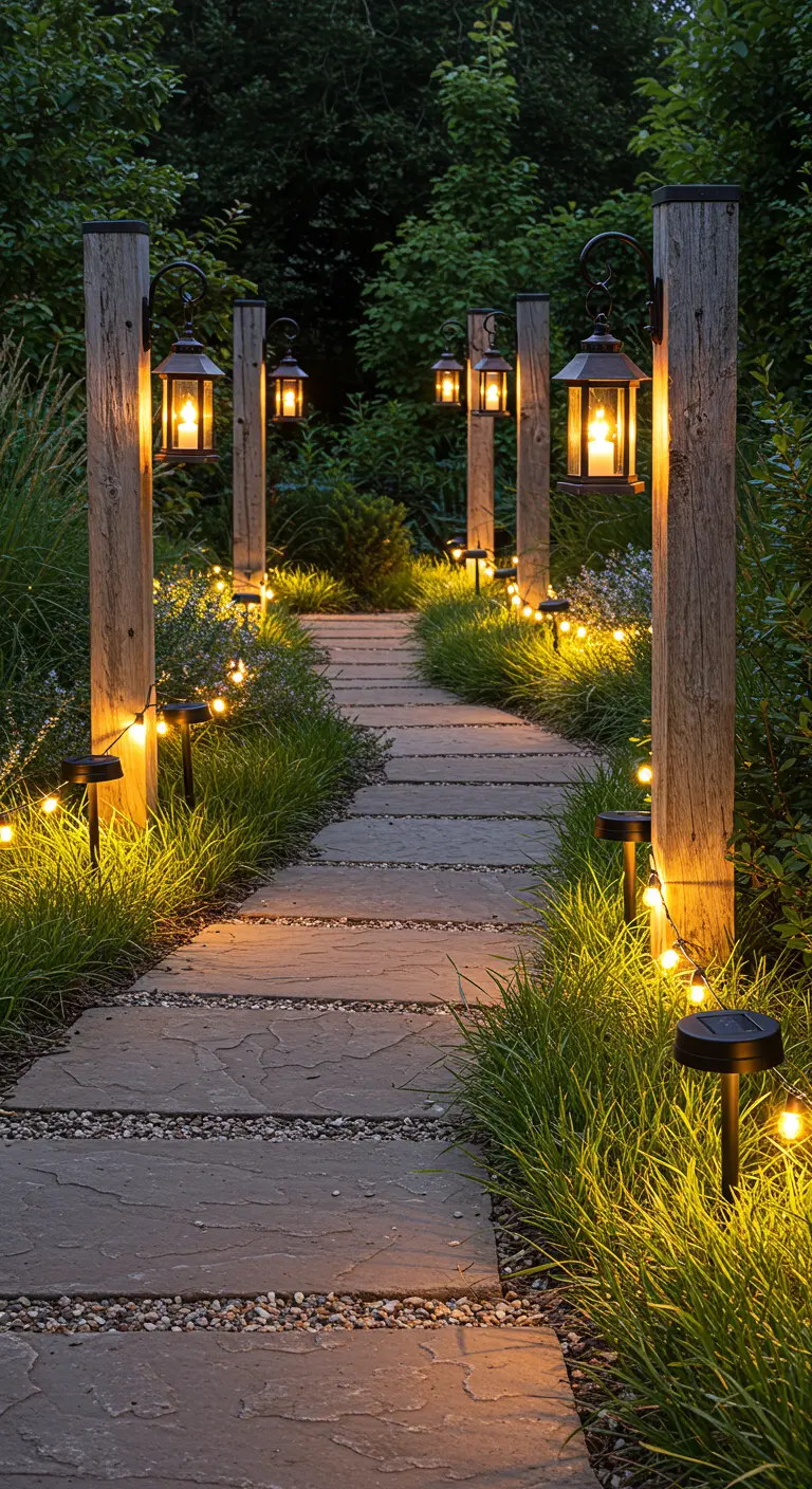 Chemin de jardin éclairé par des lanternes solaires suspendues à des poteaux en bois et des balises solaires.
