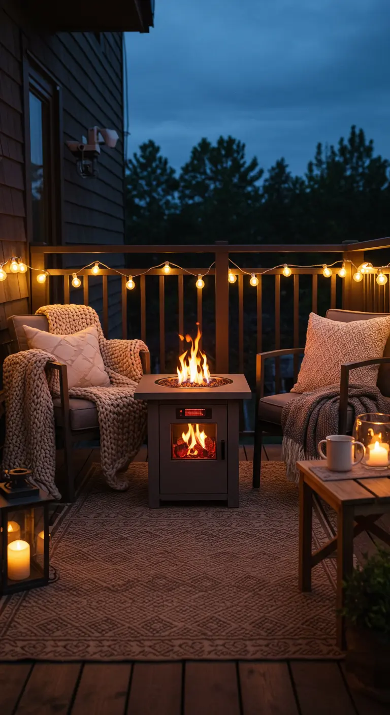 Balcon avec mini-cheminée d'appoint, fauteuils, plaids, guirlande lumineuse et lanterne.