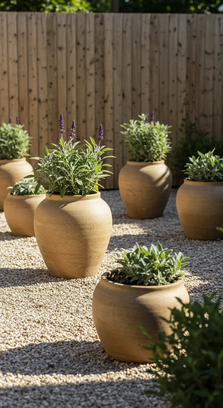 Pots ronds craquelés avec lavande et sauge bordant un chemin de gravier ensoleillé.