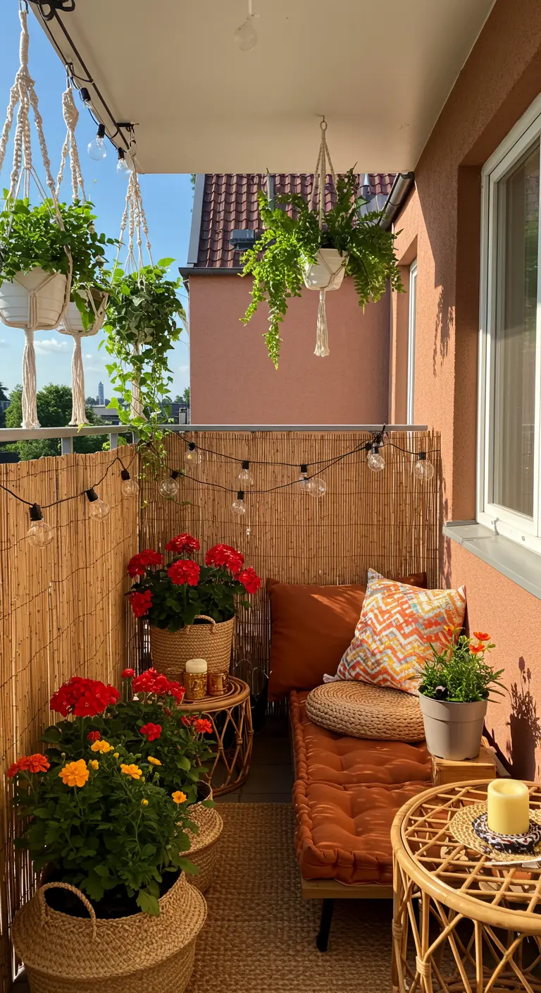 Balcon bohème cosy avec écran en bambou, coussins de sol et fleurs éclatantes.