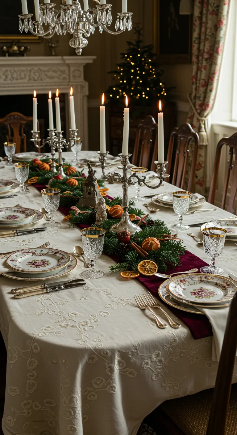 Table de Noël vintage avec runner rouge, guirlande de sapin, oranges séchées et chandeliers argentés.