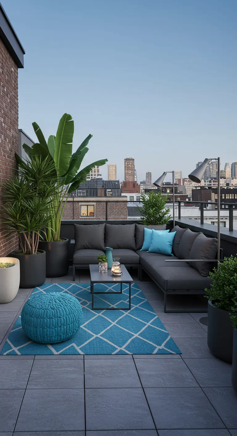 Terrasse urbaine moderne avec canapé gris, tapis turquoise, pouf assorti et grandes plantes vertes.