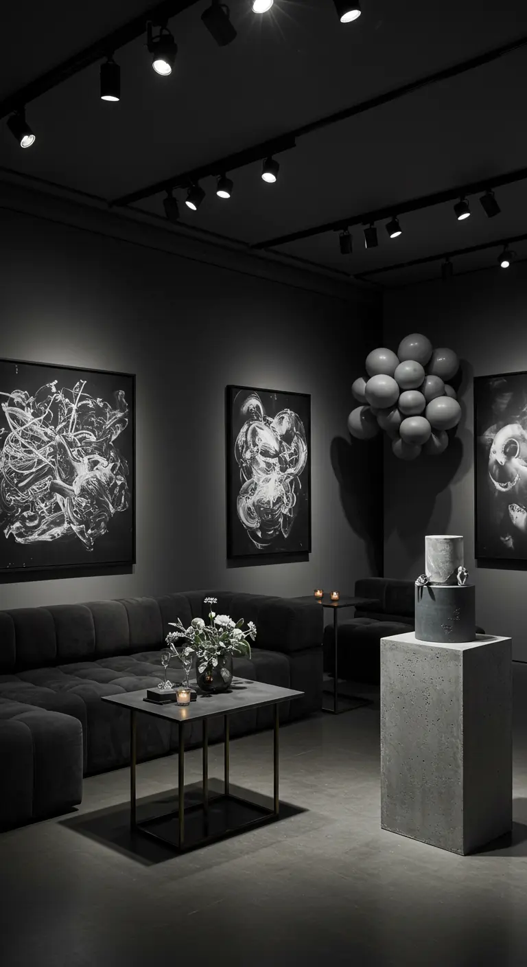 Salon moderne gris anthracite avec canapés, art abstrait, ballons gris et gâteau design.