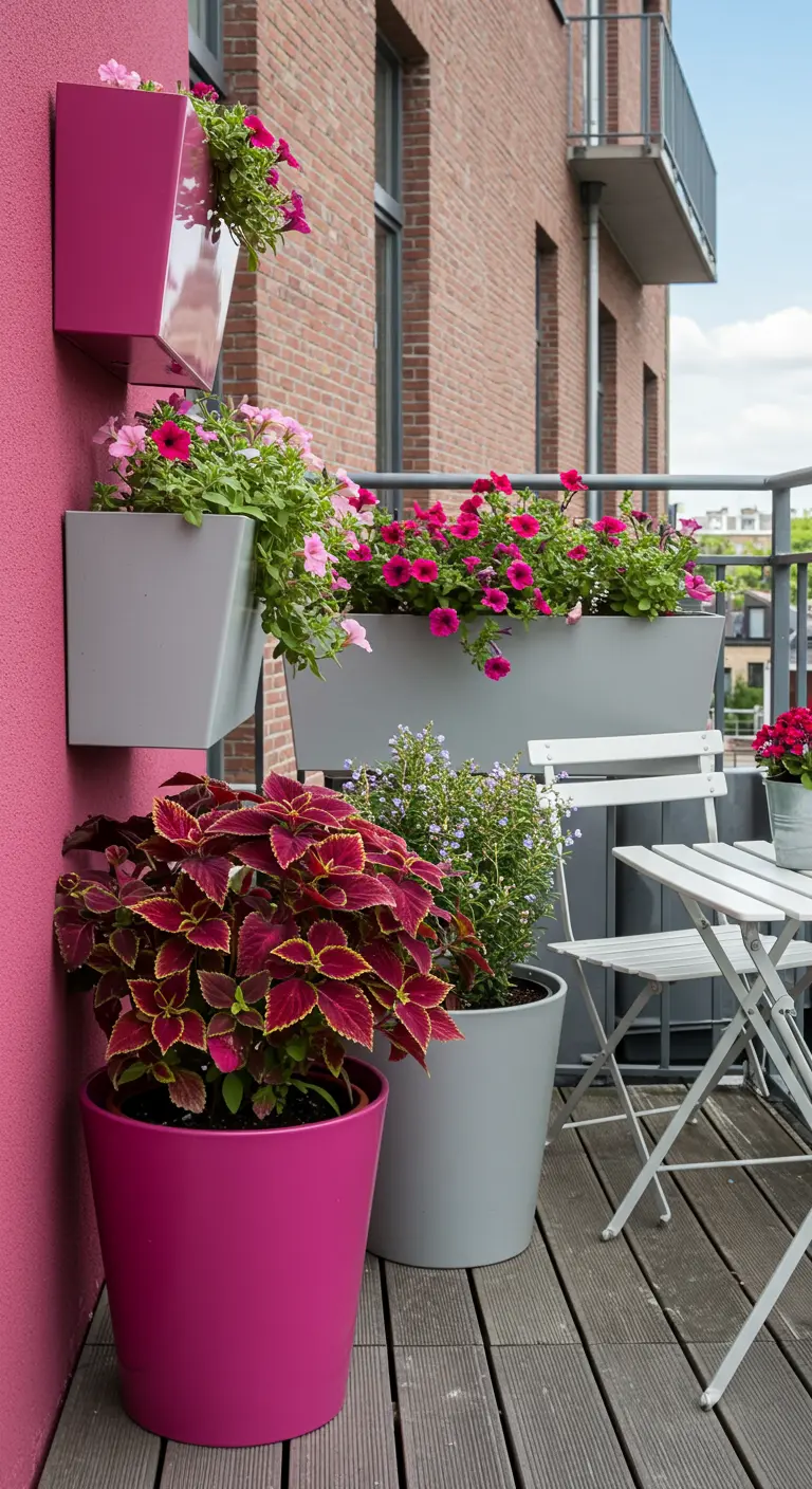 Balcon moderne avec des pots roses vifs et gris, des pétunias roses et un coleus.