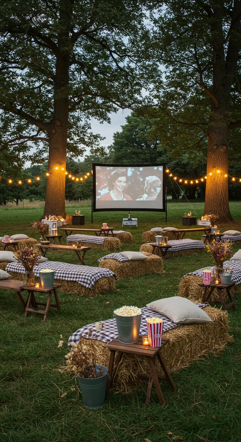Cinéma en plein air avec écran de projection, bottes de paille et guirlandes lumineuses.