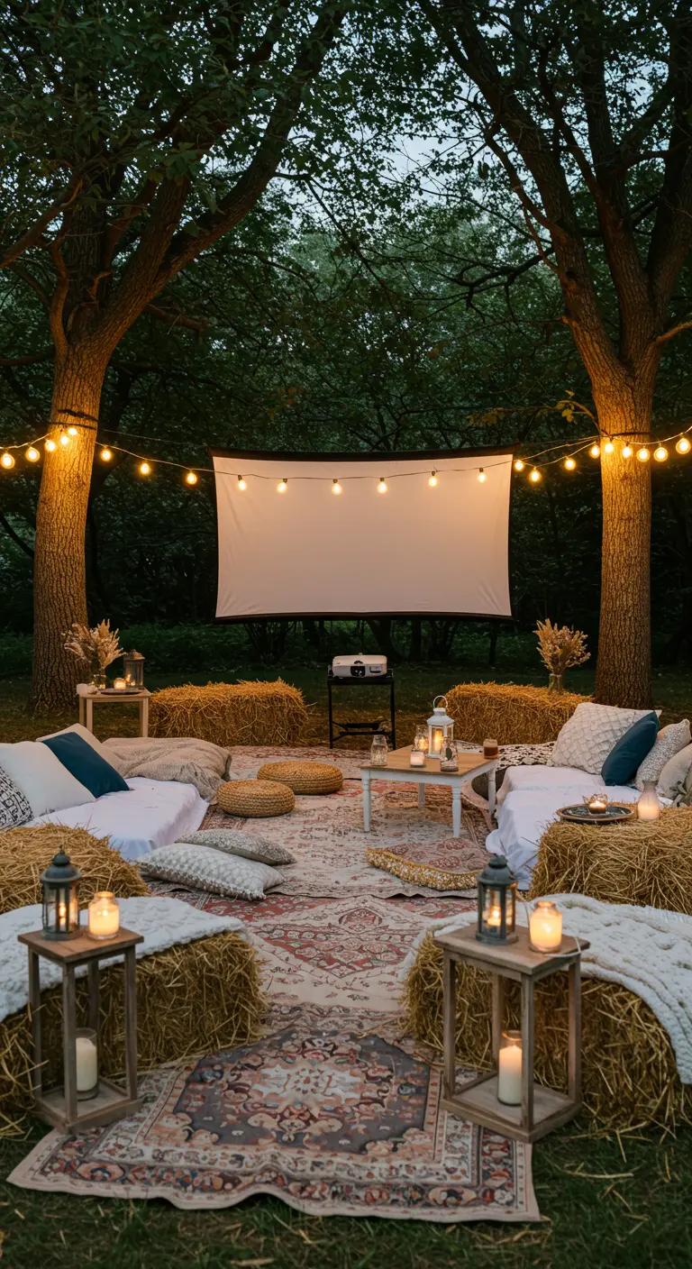 Cinéma extérieur avec écran, coussins au sol, bottes de foin et lumières féériques.